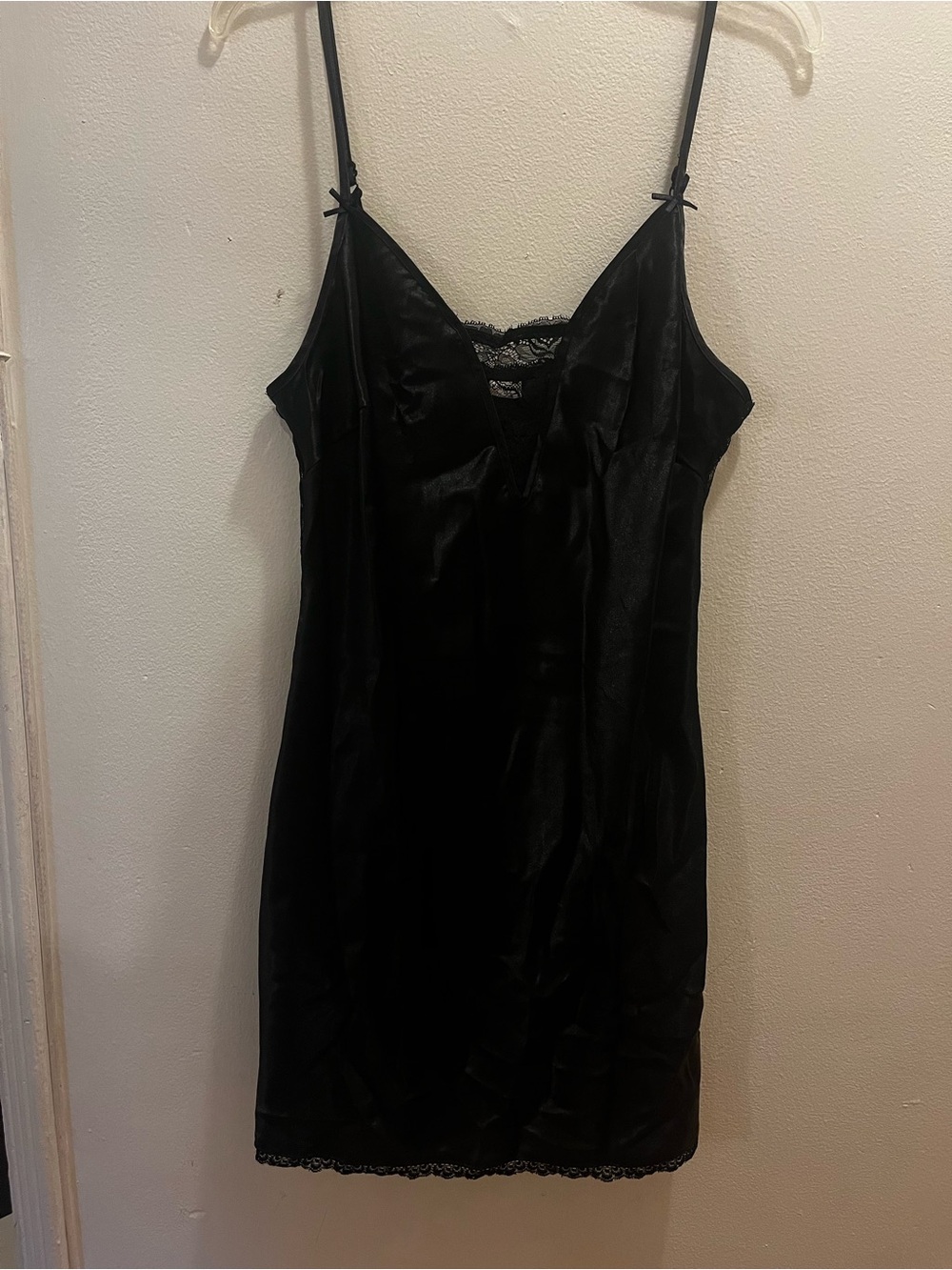 Black Satin Slip Dress with Lace Trim